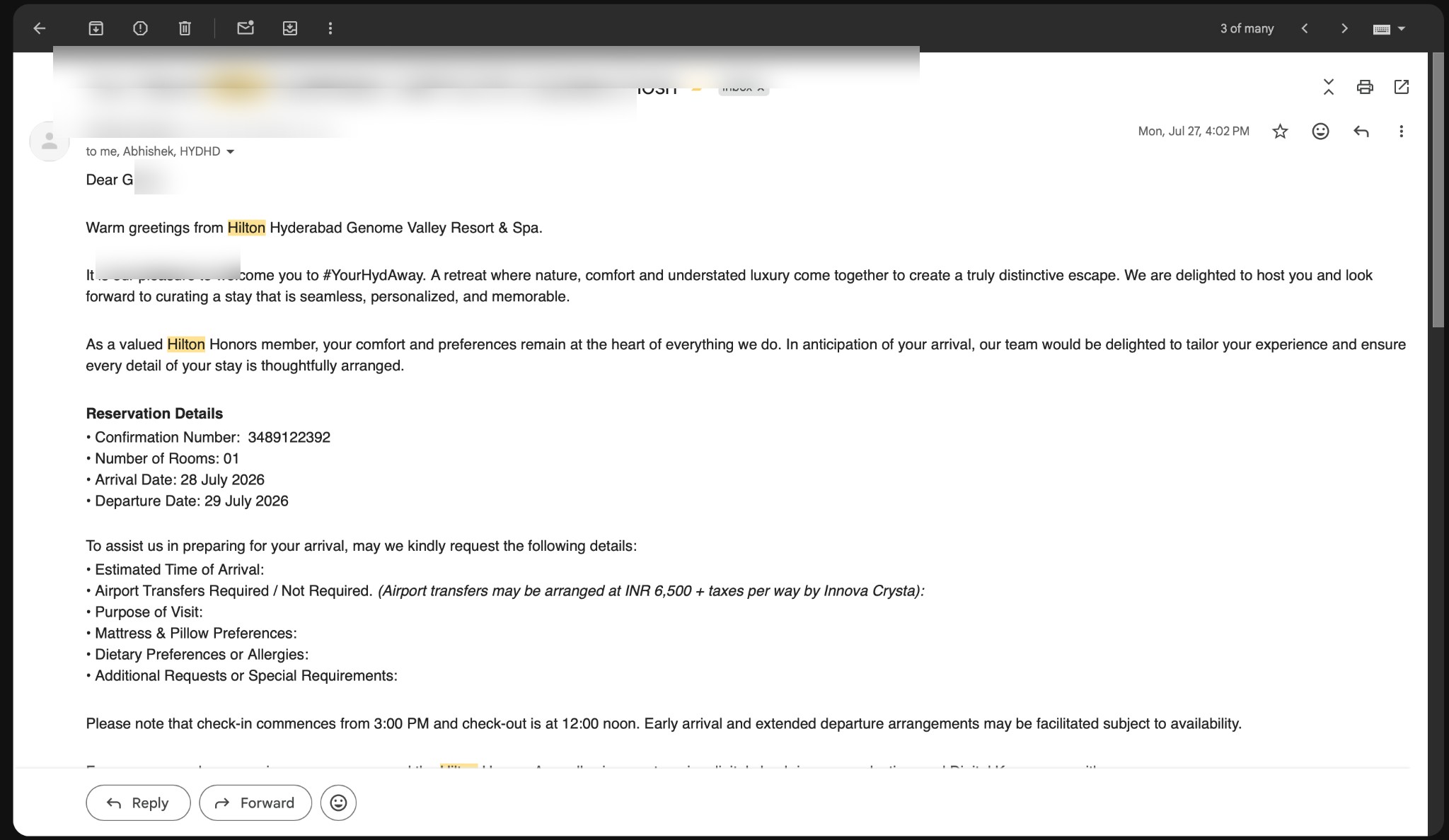 Anonymized hotel pre-arrival email