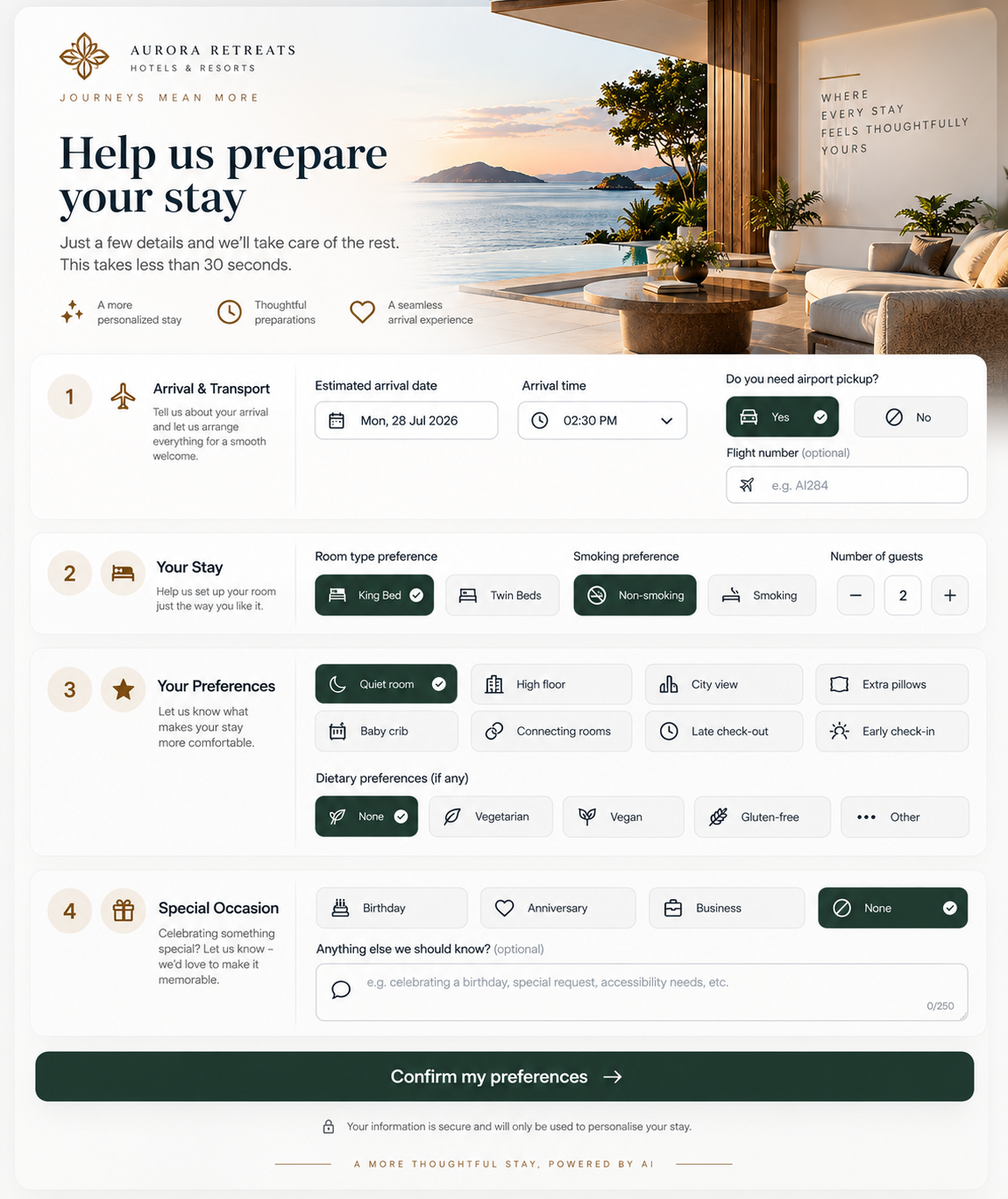 Structured guest preference quick form