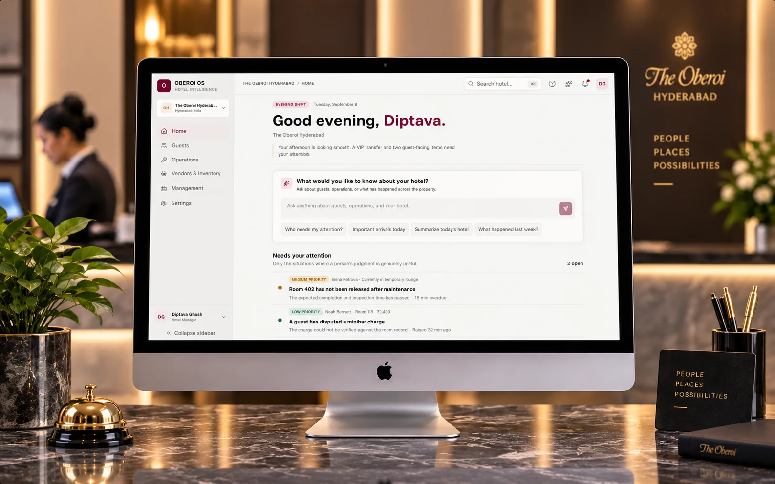 StayFlow hotel intelligence dashboard shown on a desktop display in a hotel setting