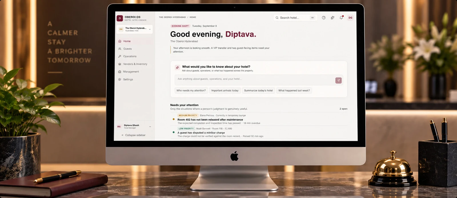 StayFlow intelligence hotel operations dashboard showing an AI assistant and an attention queue